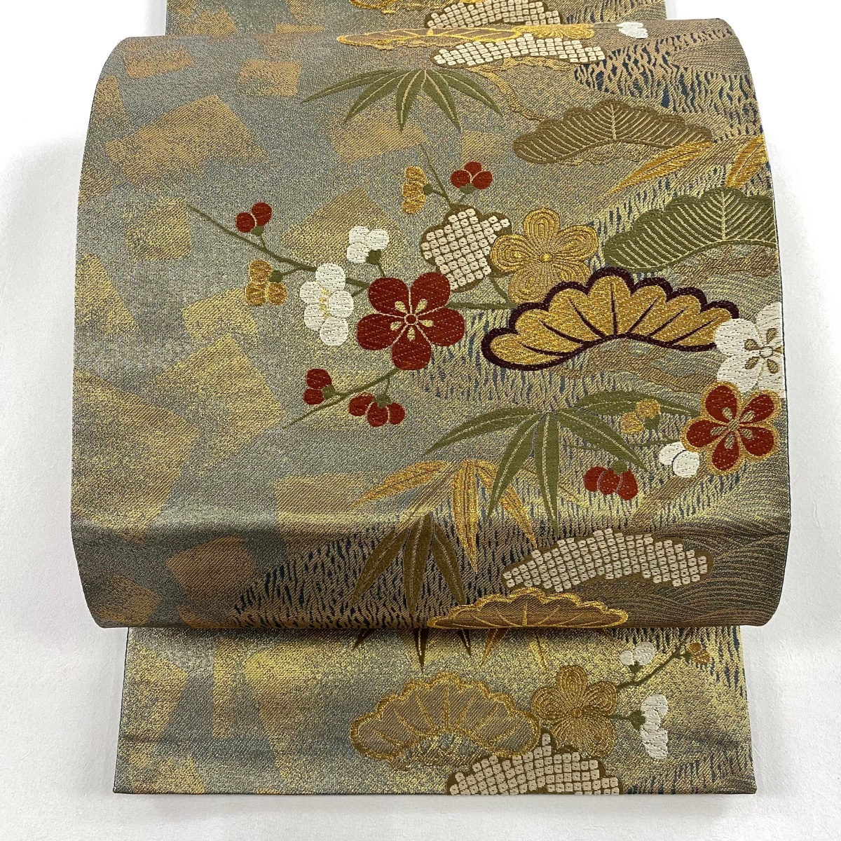 袋帯 秀品 松竹梅 波 金糸 箔 金色 六通 正絹 【中古】拍卖