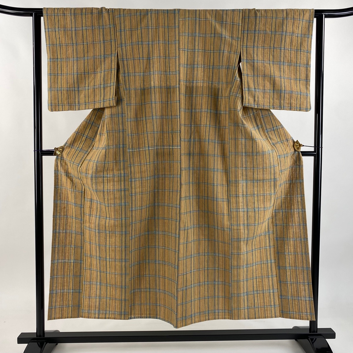 【美品】 紬 身丈151.5cm 裄丈61cm S 単衣 丹波布 格子 薄茶色 綿 逸品 【中古】拍卖