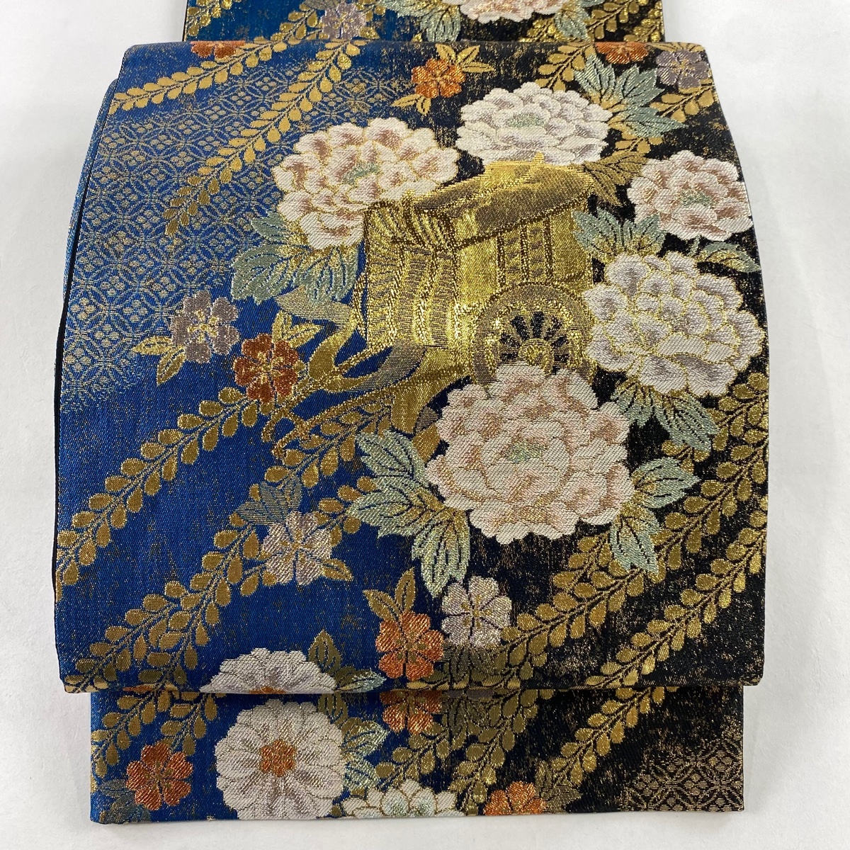 【美品】 袋帯 秀品 草花 御所車 金銀糸 箔 青 六通 正絹 【中古】拍卖