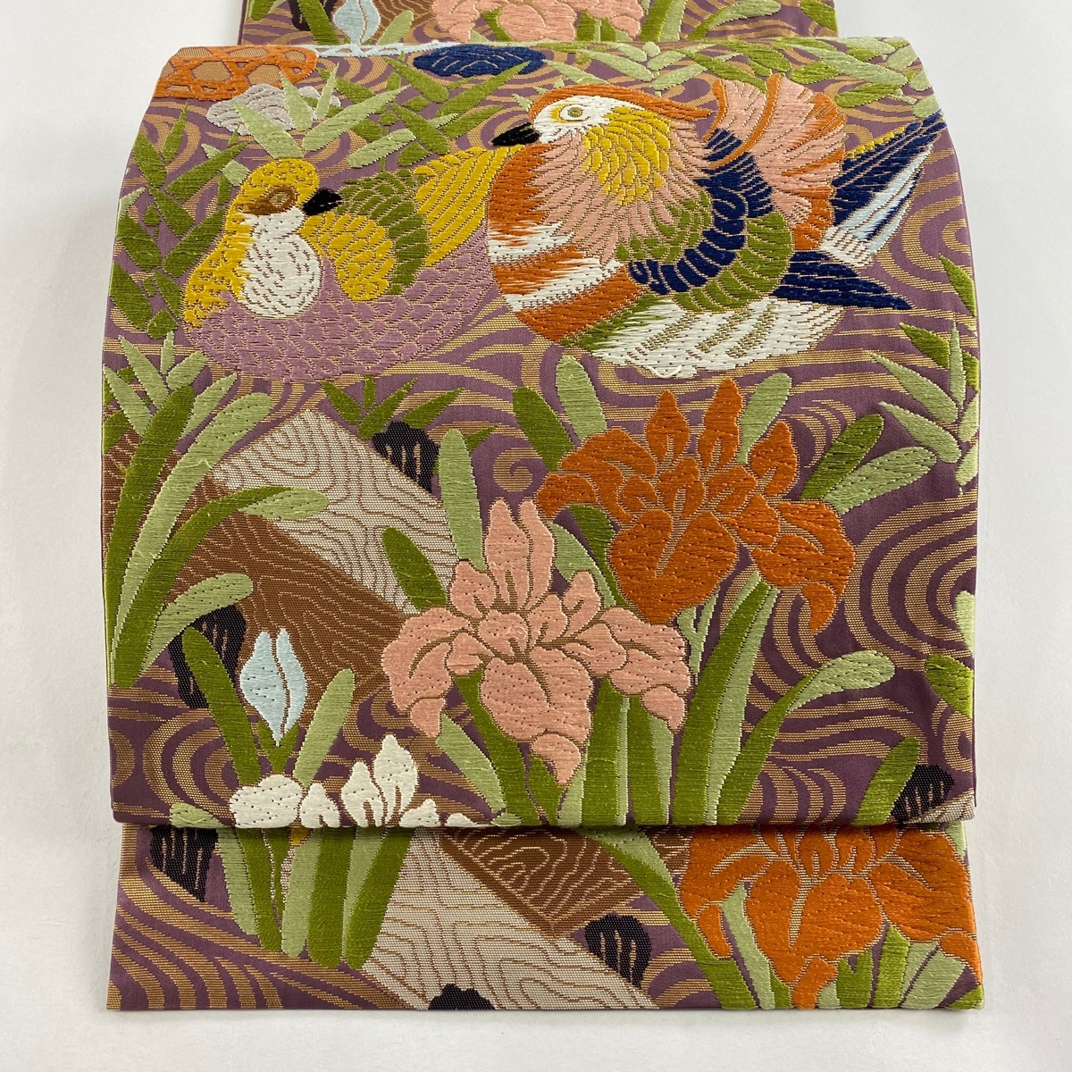 袋帯 名品 鴛鴦 菖蒲 唐織 箔 紫 六通 正絹 【中古】拍卖