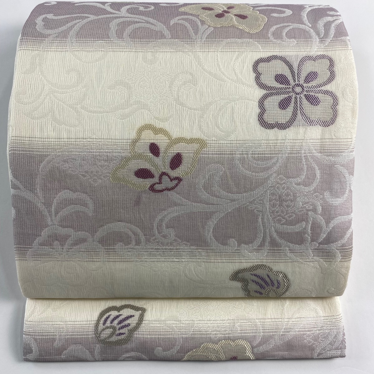 【美品】 開き名古屋帯 秀品 段縞 草花 金糸 クリーム 正絹 【中古】拍卖