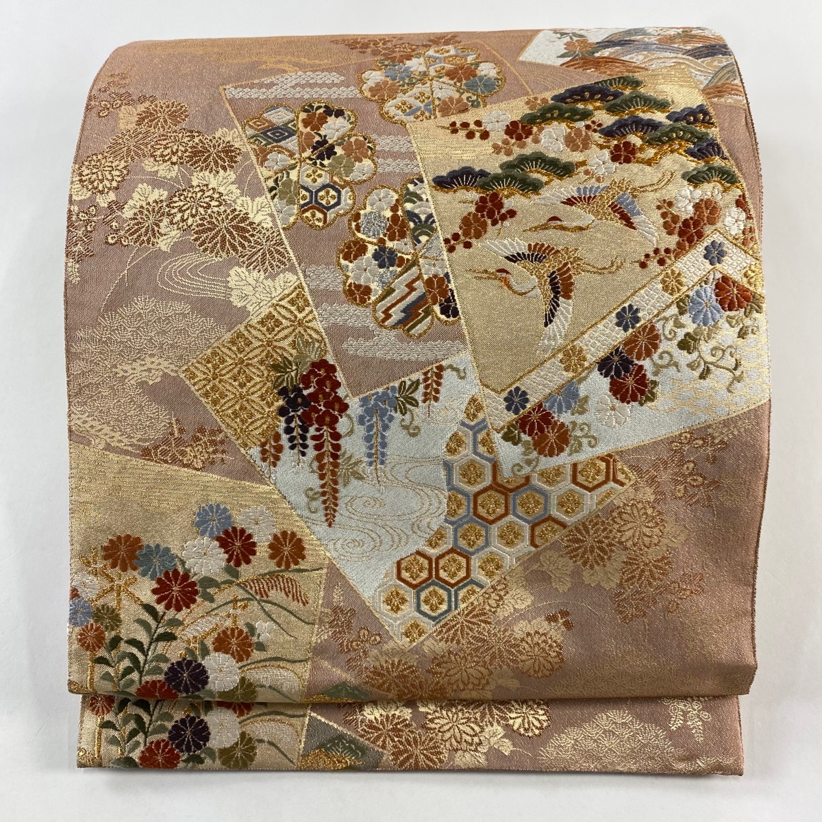 【美品】 袋帯 秀品 色紙 鶴 金銀糸 箔 ピンク 六通 正絹 【中古】拍卖