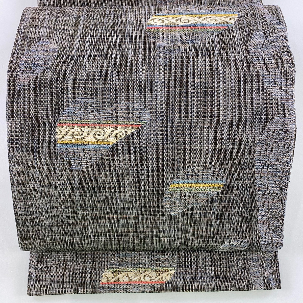 【美品】 袋帯 秀品 幾何学 金糸 箔 黒灰 六通 正絹 【中古】拍卖