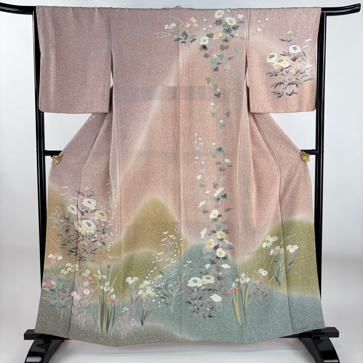 訪問着 身丈160cm 裄丈65cm M 袷 草花 染め分け ぼかし ピンク 正絹 名品 【中古】拍卖