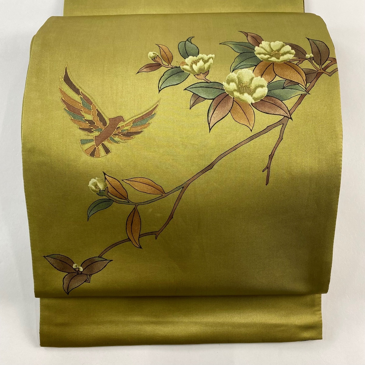 袋帯 秀品 枝花 鳥 箔 金彩 鶯色 お太鼓柄 正絹 【中古】拍卖