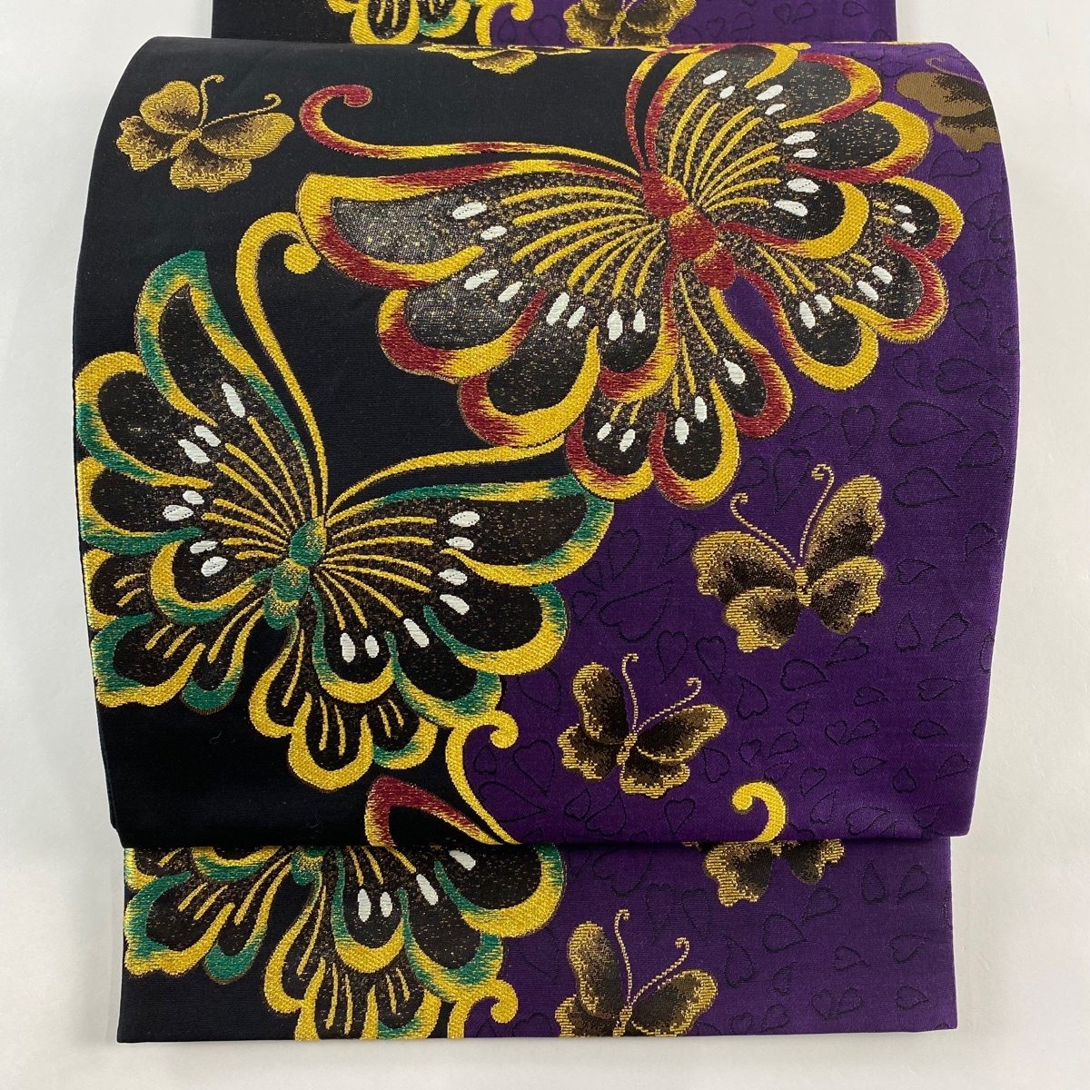 袋帯 秀品 蝶々 桜の花びら 金糸 箔 紫 六通 正絹 【中古】拍卖