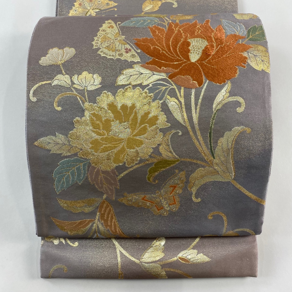 袋帯 秀品 草花 蝶 金糸 唐織 灰紫 六通 正絹 【中古】拍卖