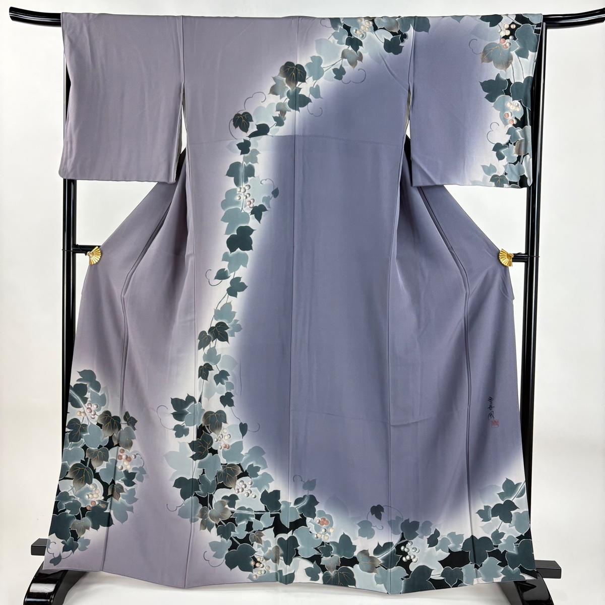 訪問着 身丈162.5cm 裄丈66.5cm M 袷 室華風 落款 葡萄 金彩 ぼかし 灰紫 正絹 名品 【中古】拍卖