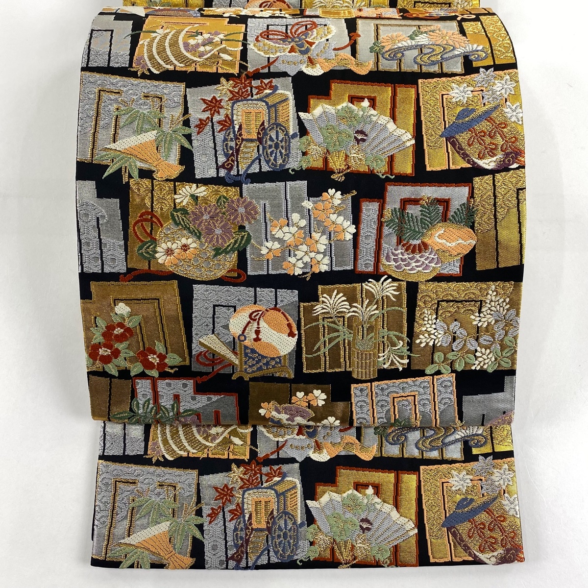 【美品】 袋帯 秀品 源氏香 草花 金糸 箔 黒 六通 正絹 【中古】拍卖