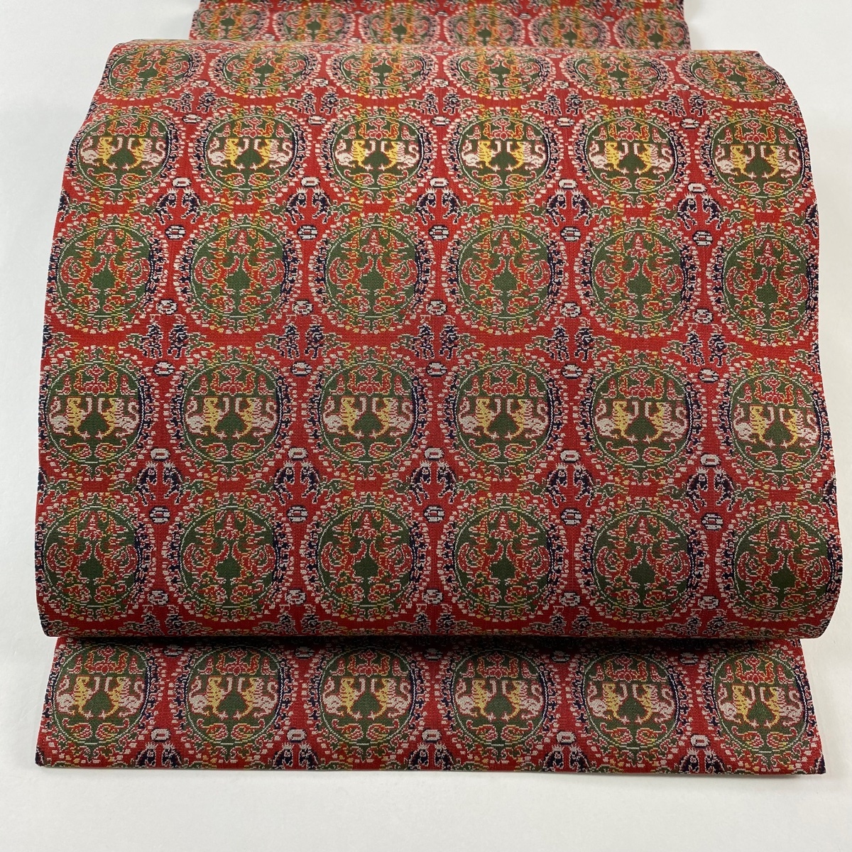 【美品】 開き名古屋帯 名品 龍村美術織物 比翼仕立て 向かい鳥 動物 赤 正絹 【中古】拍卖