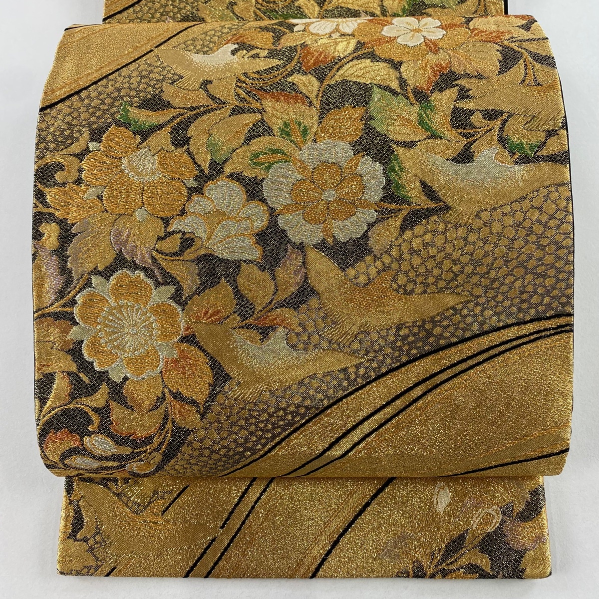 【美品】 袋帯 秀品 草花 鳥 金銀糸 箔 金色 六通 正絹 【中古】拍卖