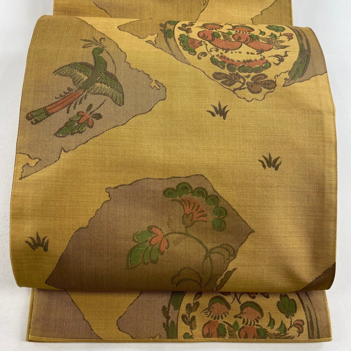 【美品】 袋帯 秀品 紬地 関西仕立て 花鳥 花喰い鳥 ベージュ 六通 正絹 【中古】拍卖