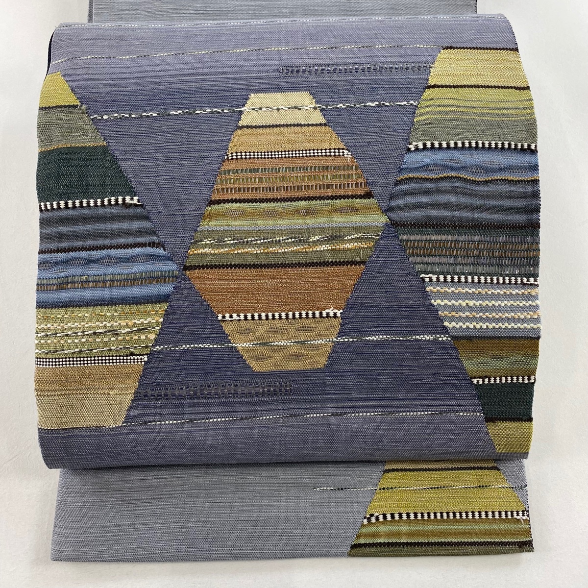 【美品】 袋帯 秀品 紬地 縞 幾何学模様 金銀彩 灰色 お太鼓柄 正絹 【中古】拍卖