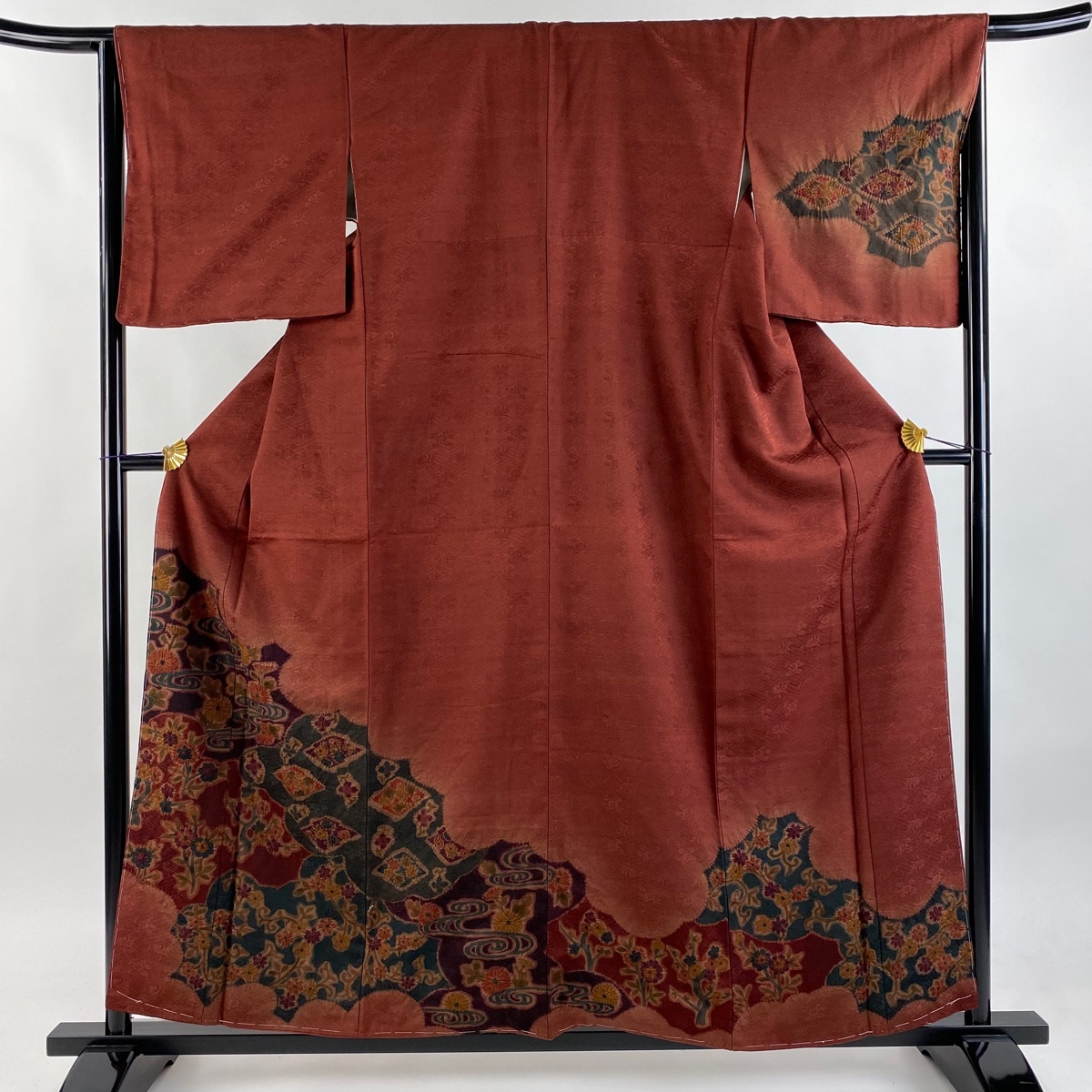 訪問着 身丈158.5cm 裄丈66cm M 袷 菊 流水 ぼかし 絞り 赤茶 正絹 秀品 【中古】拍卖