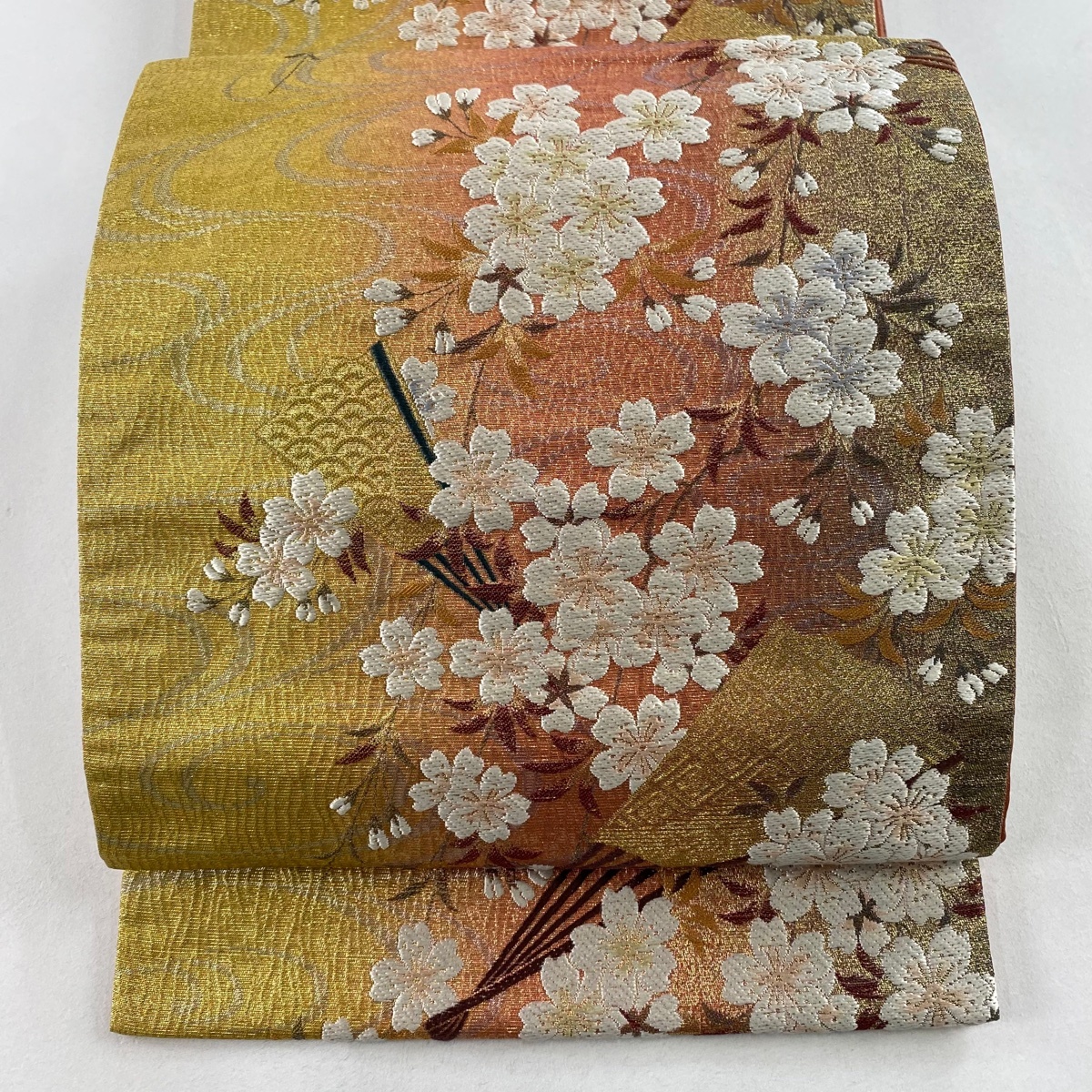 【美品】 袋帯 秀品 扇 桜 金糸 箔 オレンジ 六通 正絹 【中古】拍卖