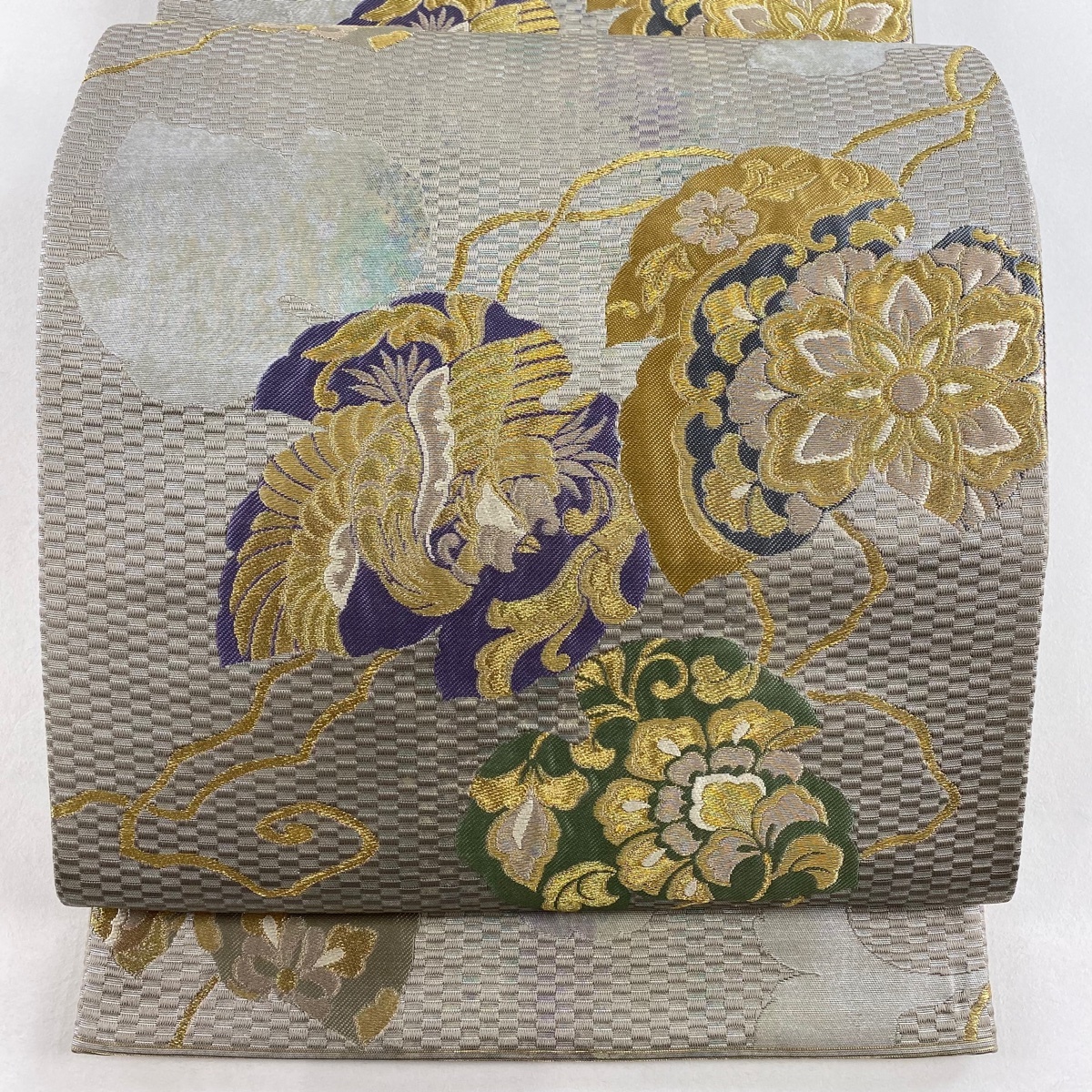 【美品】 袋帯 秀品 関西仕立て 蔦 鳳凰 金糸 箔 灰色 六通 正絹 【中古】拍卖