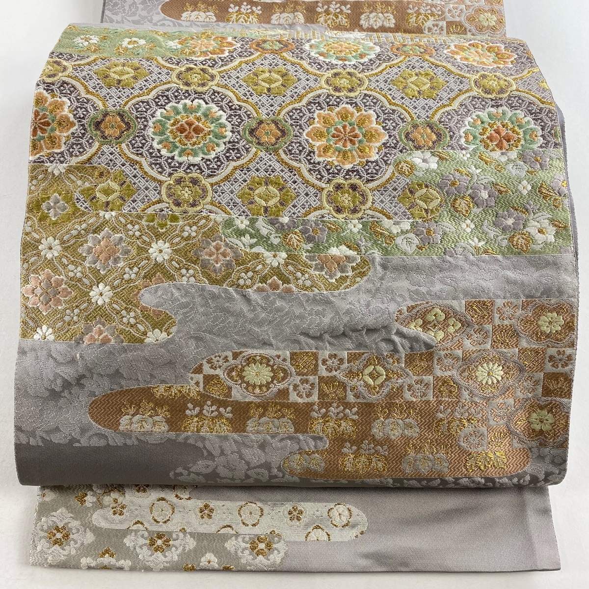 袋帯 秀品 華文 ヱ霞 箔 金糸 灰紫 六通 正絹 【中古】拍卖