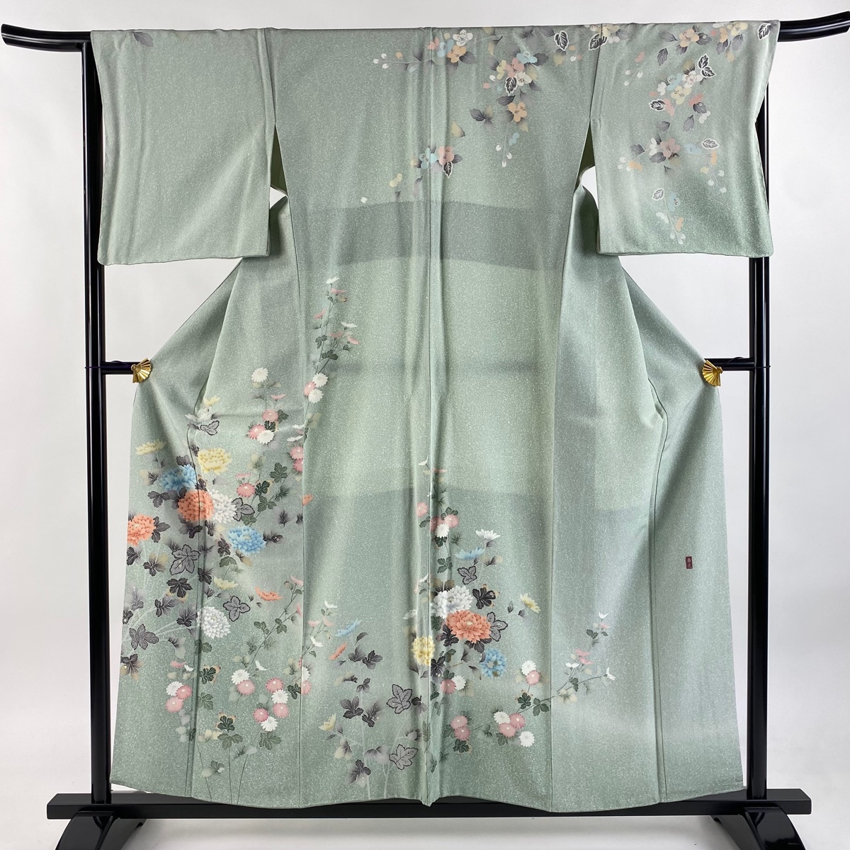 訪問着 身丈157.5cm 裄丈66.5cm M 袷 落款 菊 ぼかし 薄緑 正絹 秀品 【中古】拍卖