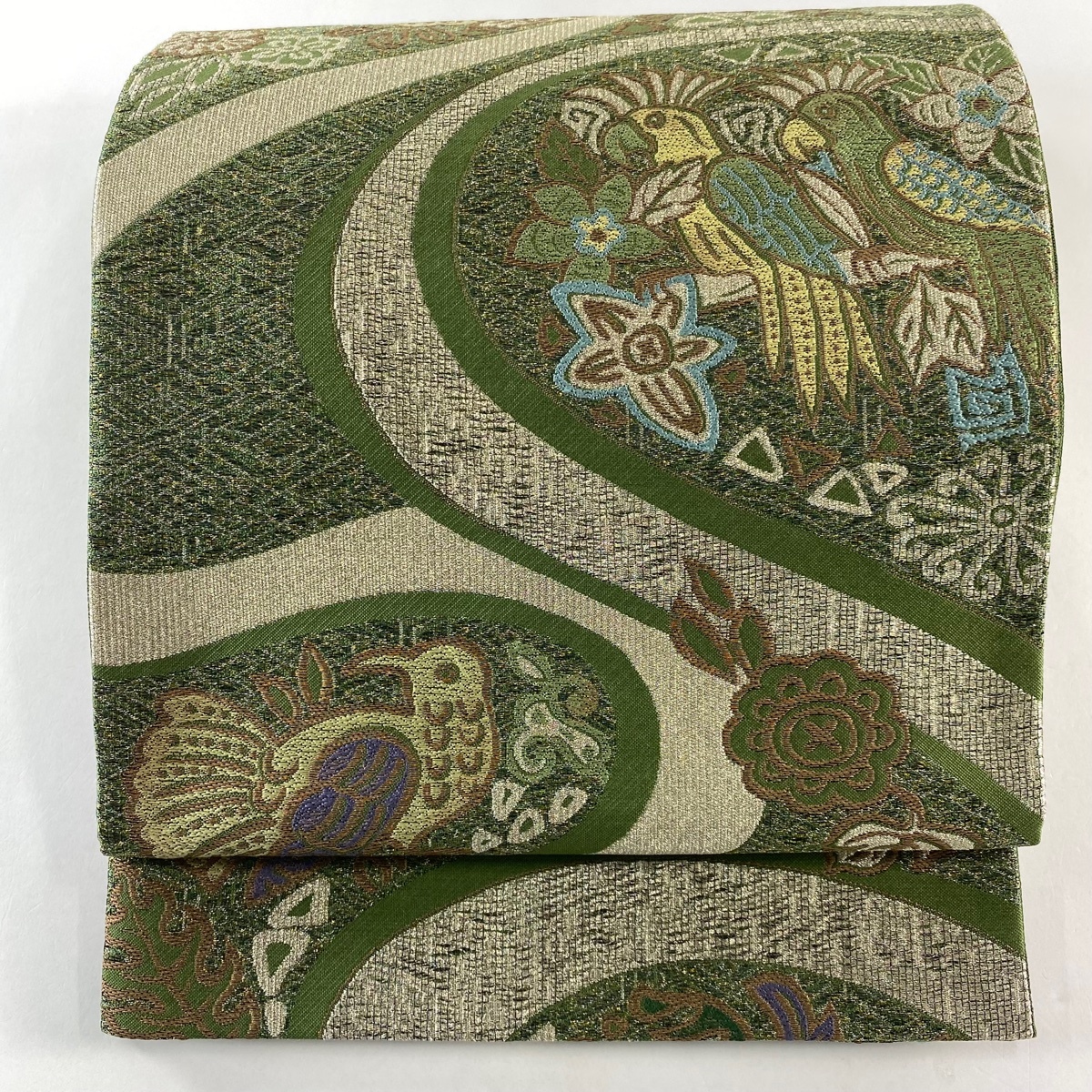 【美品】 袋帯 名品 鳥 草花 箔 緑 六通 正絹 【中古】拍卖