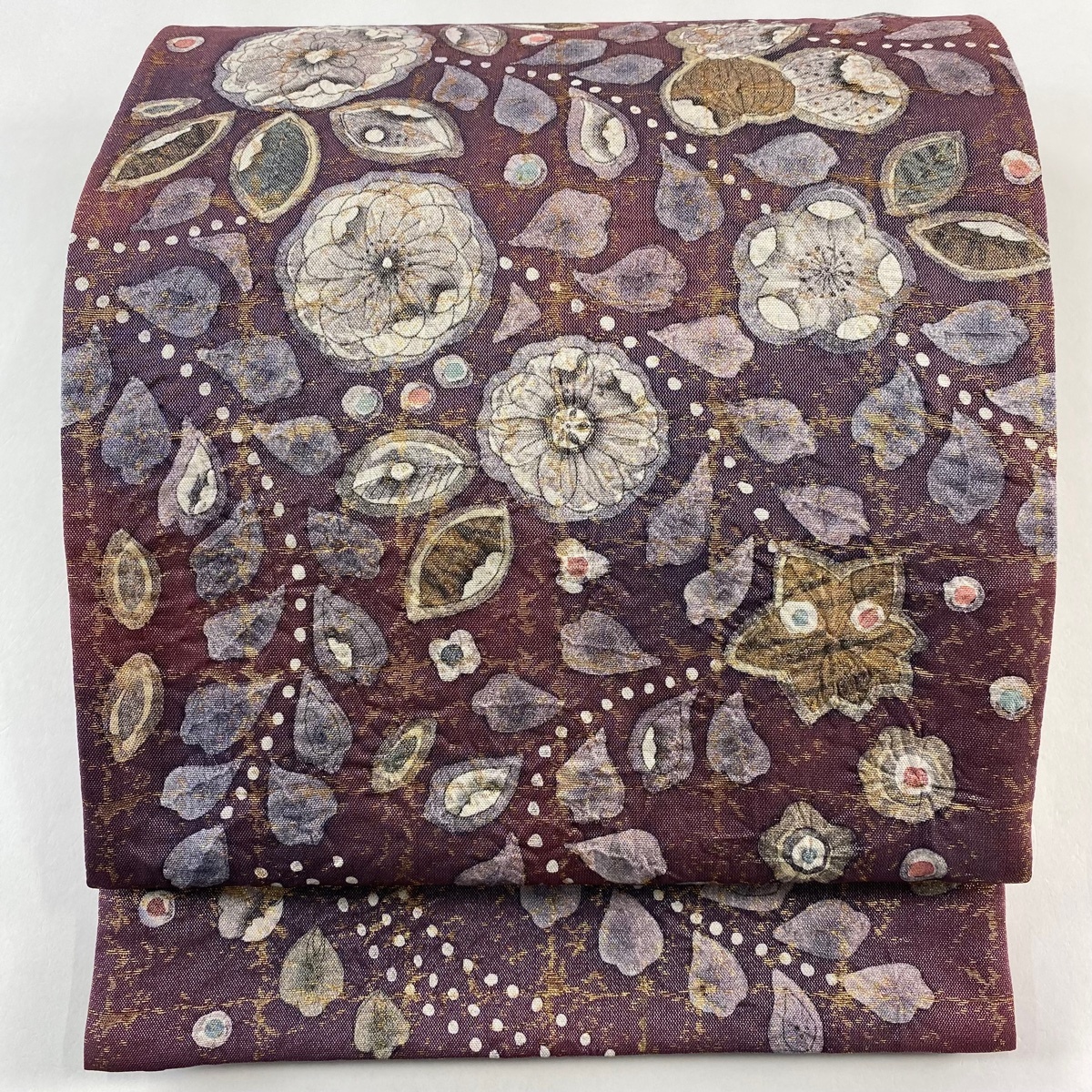 【美品】 袋帯 名品 辻ヶ花柄 幾何学模様 箔 ぼかし 赤紫 お太鼓柄 正絹 【中古】拍卖