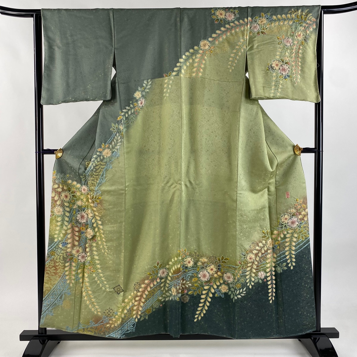 【美品】 訪問着 身丈157cm 裄丈64cm M 袷 徳永憲峯 落款 辻ヶ花 金通し 染め分け 灰緑 正絹 逸品 【中古】拍卖