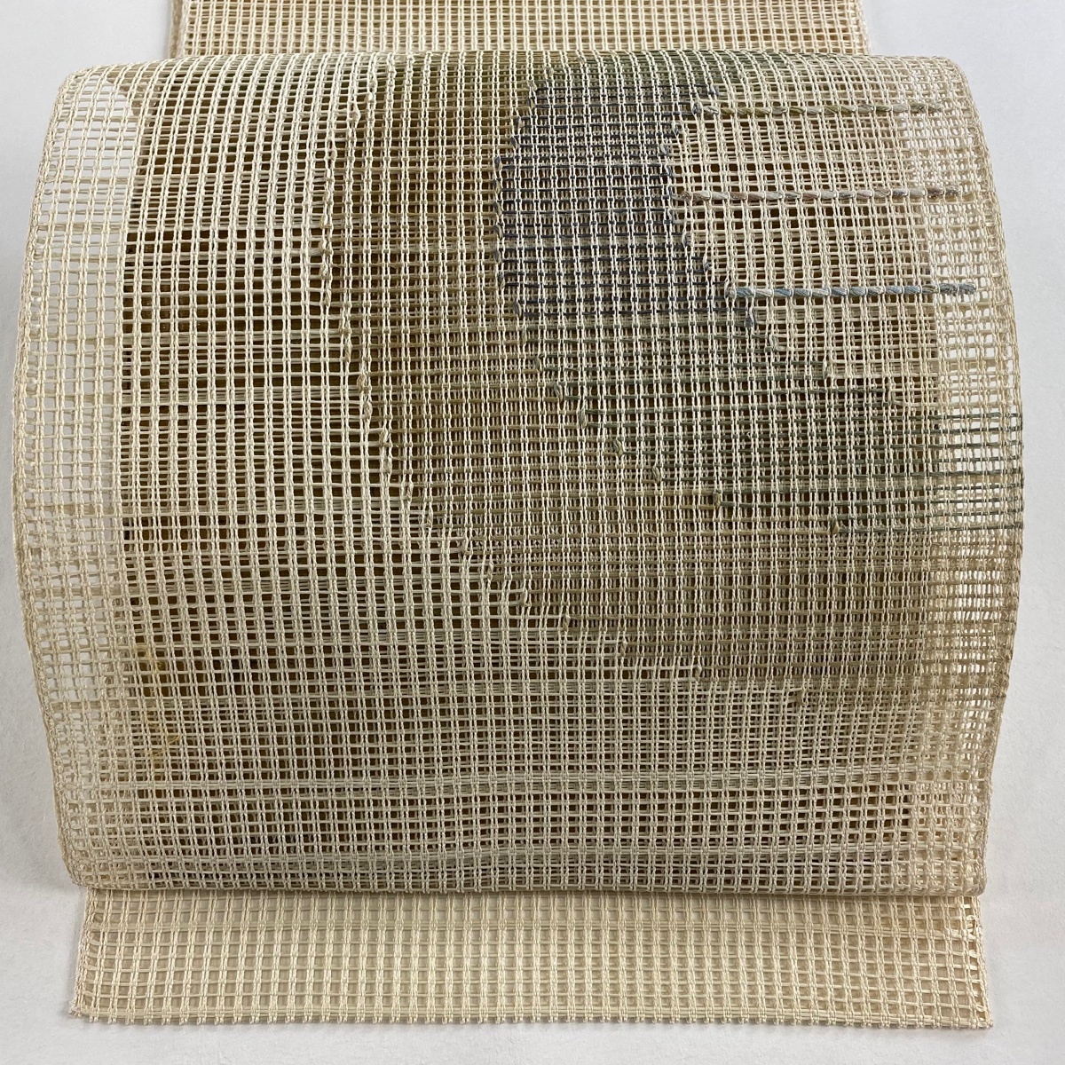 名古屋帯 秀品 夏帯 八寸名古屋帯 松葉仕立て 幾何学模様 銀糸 ベージュ 正絹 【中古】拍卖