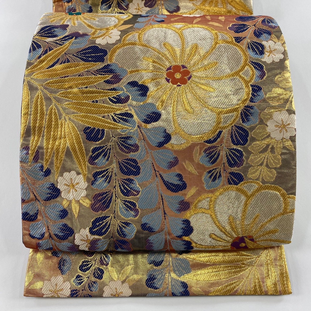 袋帯 秀品 花 葉柄 金銀糸 箔 金色 六通 正絹 【中古】拍卖