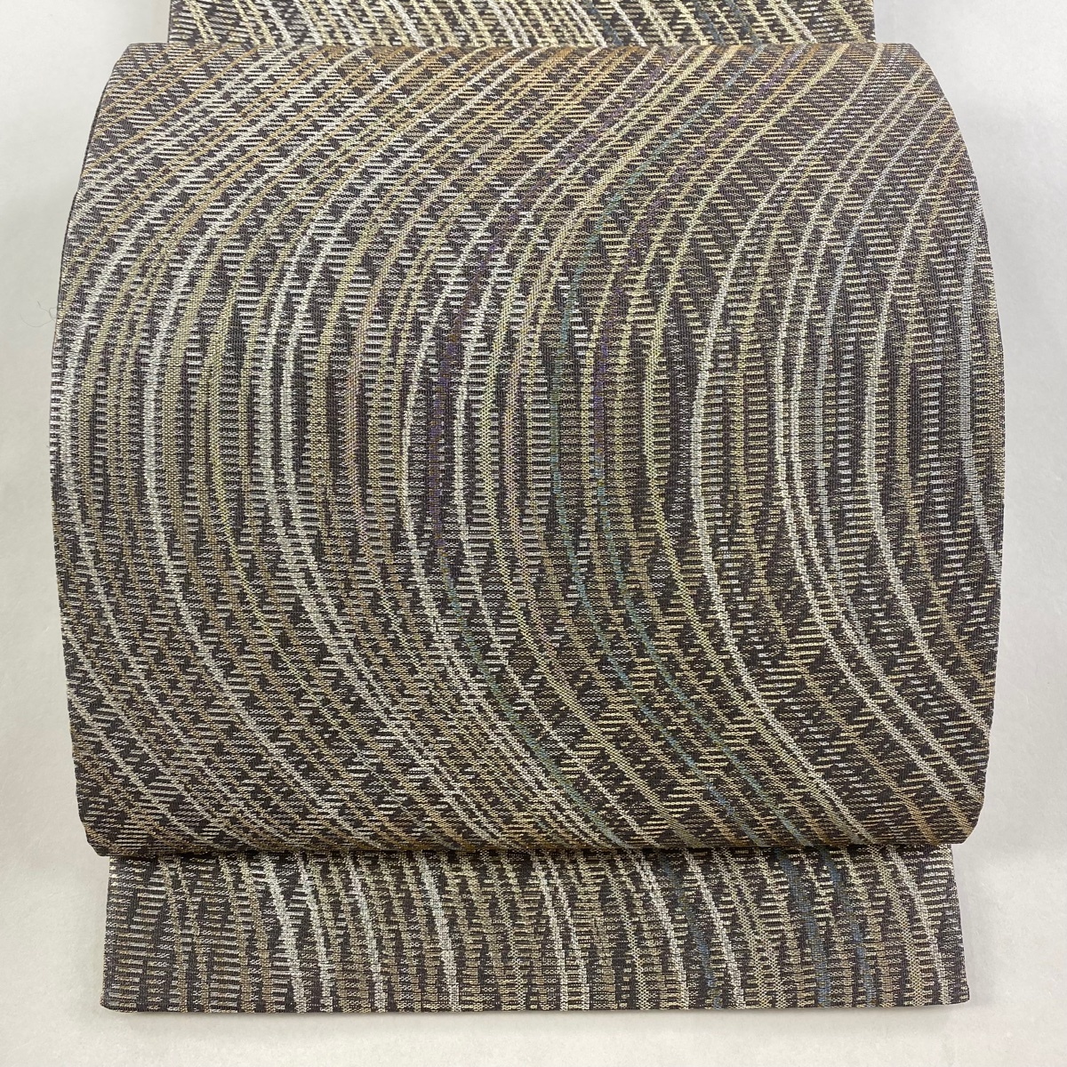 【美品】 袋帯 秀品 夏帯 絽 幾何学 箔 灰紫 六通 正絹 【中古】拍卖