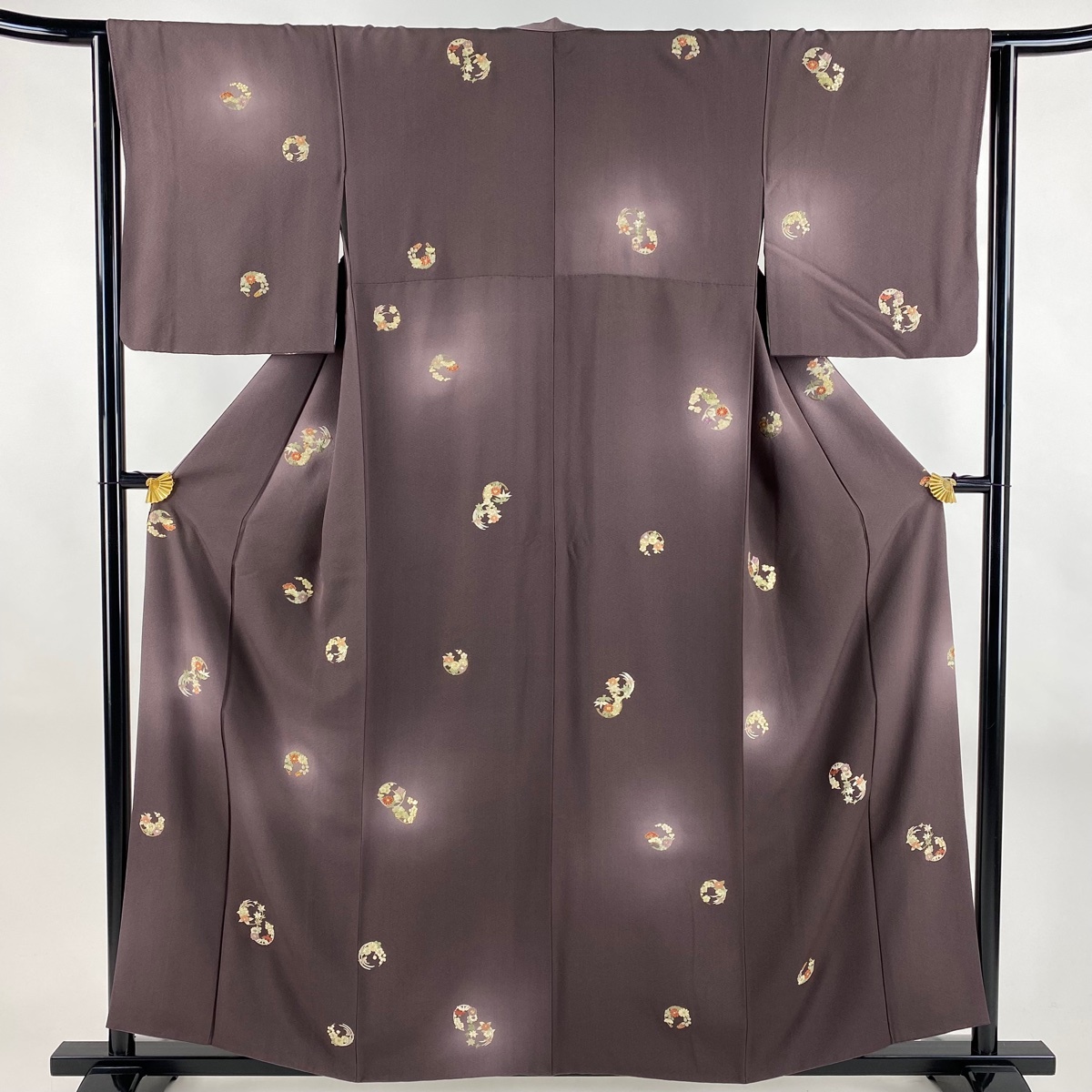 【美品】 小紋 身丈158cm 裄丈63cm S 袷 花丸文 刺繍 ぼかし 紫 正絹 秀品 【中古】拍卖