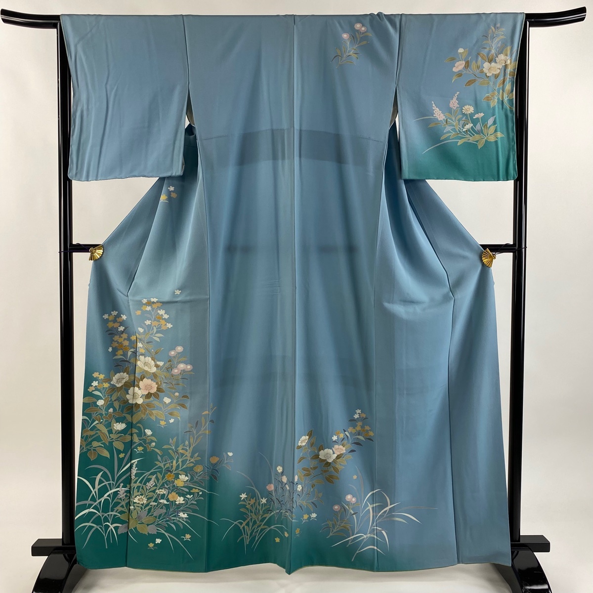 訪問着 身丈163cm 裄丈66cm M 袷 草花 金彩 ぼかし 水色 正絹 秀品 【中古】拍卖