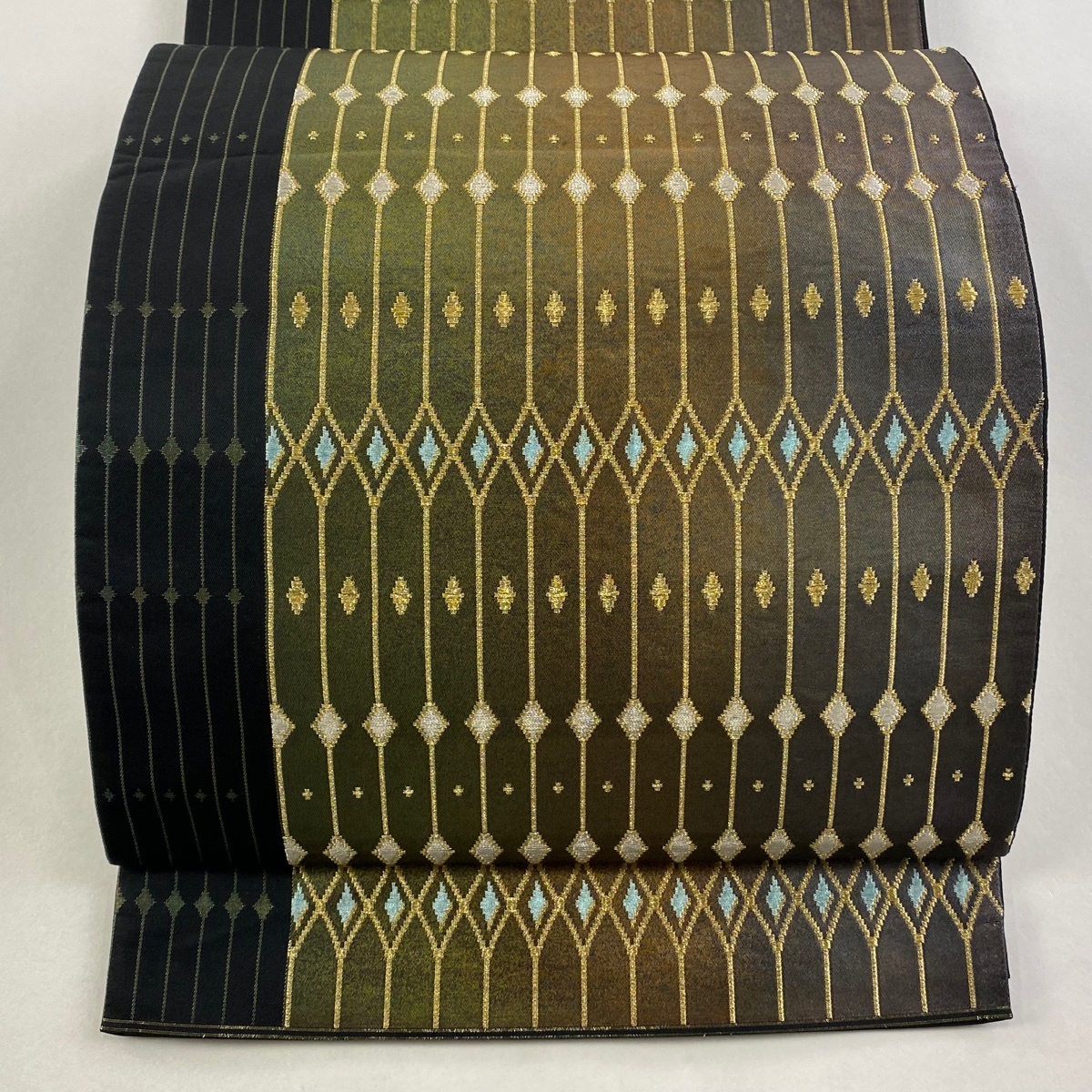 【美品】 袋帯 秀品 縞 菱 金糸 箔 茶色 六通 正絹 【中古】拍卖