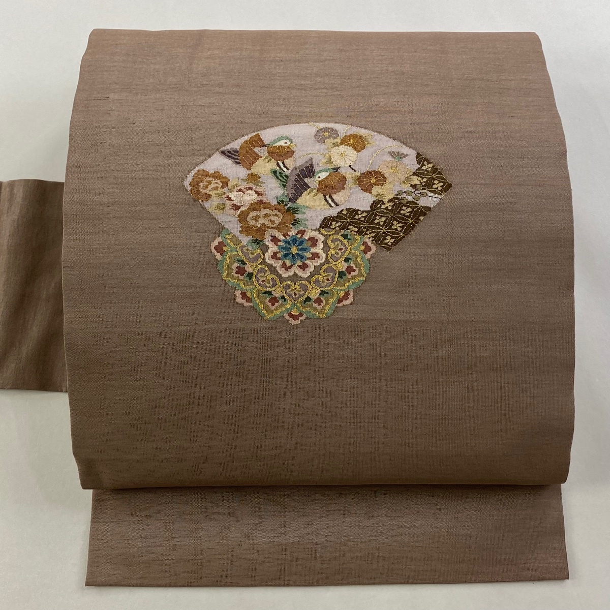 【美品】 名古屋帯 秀品 扇面 華文 金糸 綴れ 薄小豆 正絹 【中古】拍卖