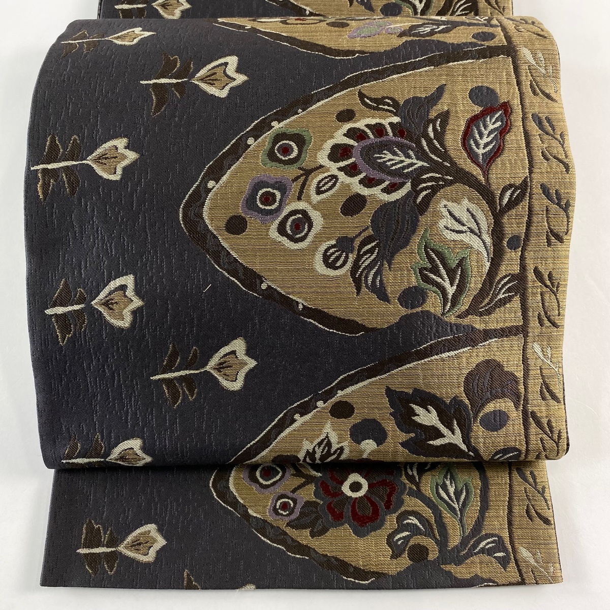 【美品】 袋帯 名品 落款 菱屋久兵衛 纐纈織 草花 幾何学 灰茶 六通 正絹 【中古】拍卖