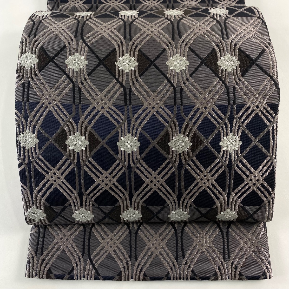 袋帯 名品 花菱 幾何学 灰紫 六通 正絹 【中古】拍卖