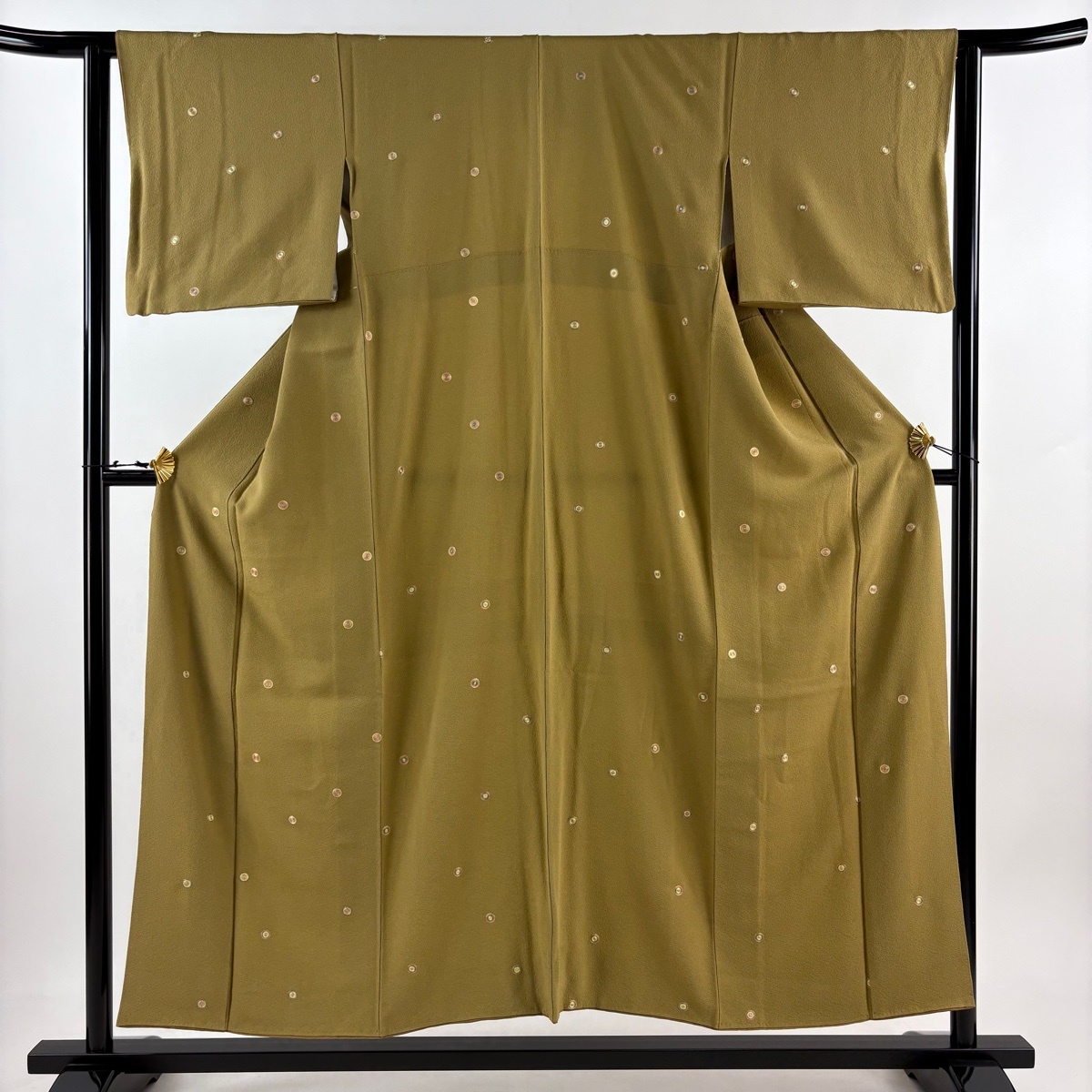 小紋 身丈153cm 裄丈64cm M 袷 丸紋 刺繍 からし色 正絹 美品 秀品 【中古】拍卖