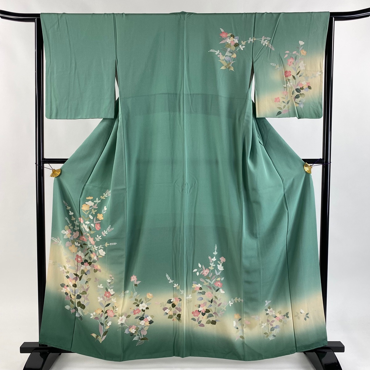 訪問着 身丈160.5cm 裄丈64cm M 袷 草花 ぼかし 薄緑 正絹 秀品 【中古】拍卖