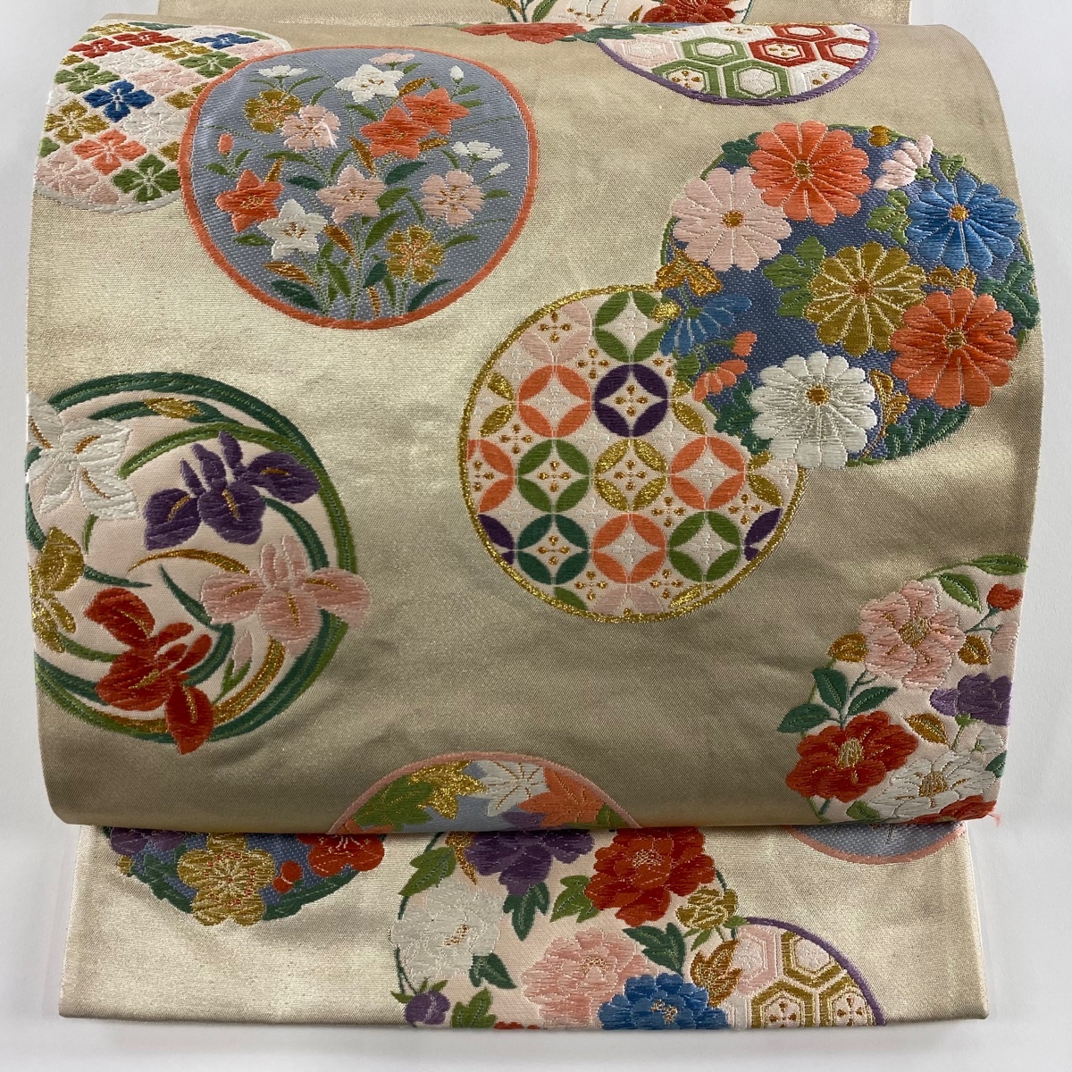 袋帯 秀品 花丸文 有職文様 唐織 箔 金色 六通 正絹 【中古】拍卖