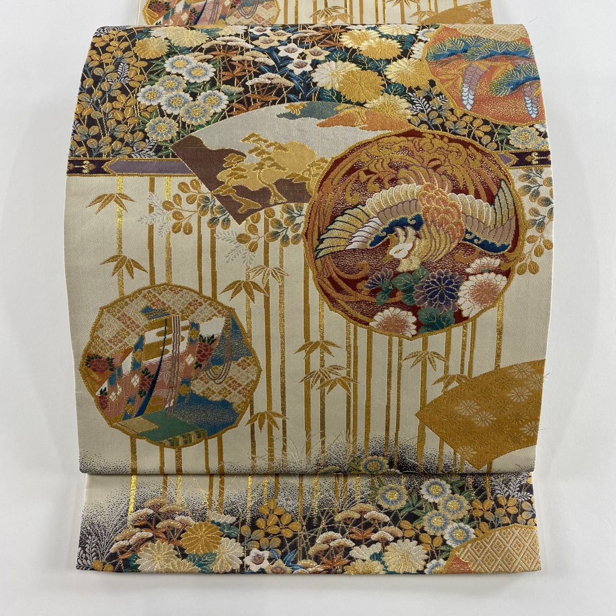 袋帯 秀品 鳳凰 秋草 箔 ベージュ 六通 正絹 【中古】拍卖