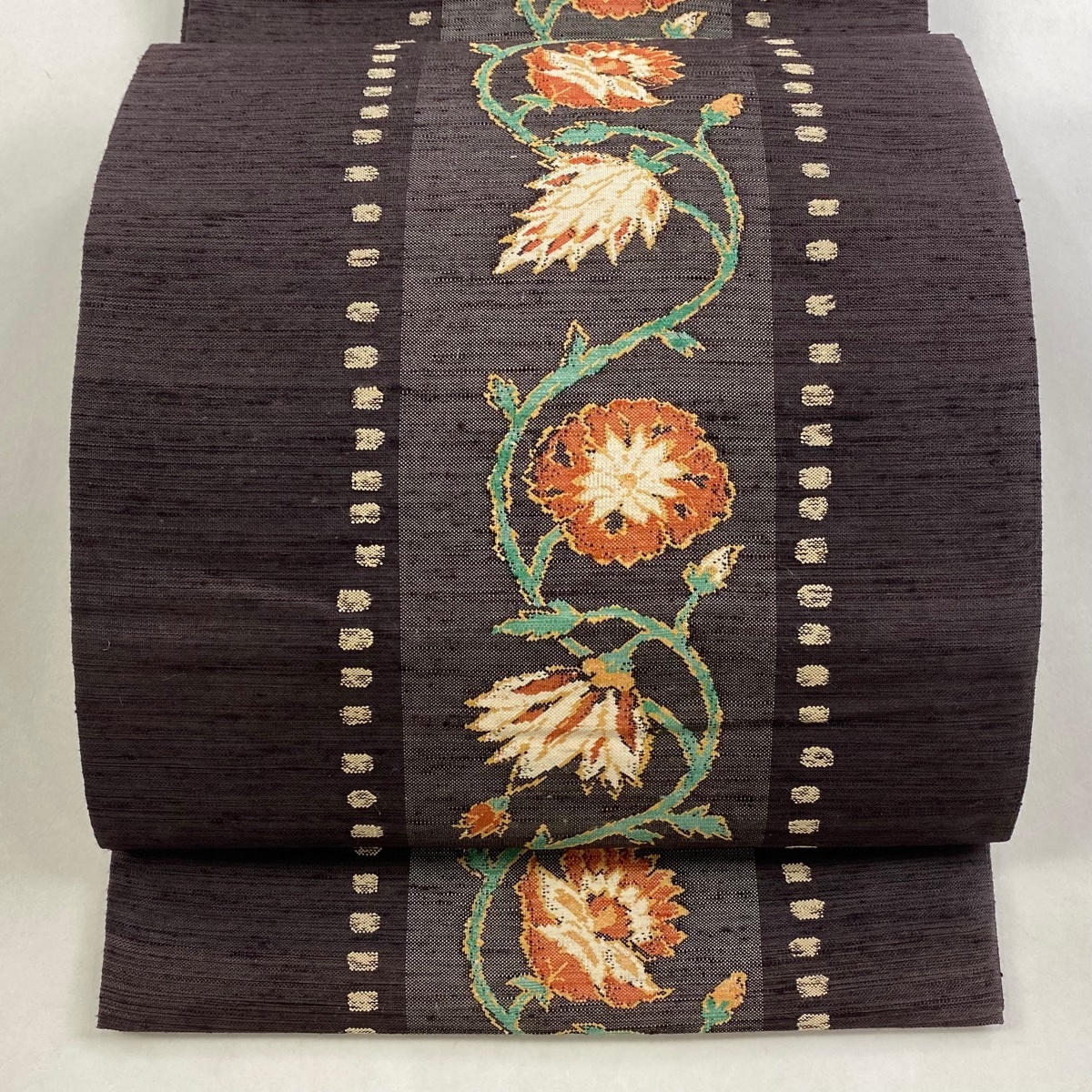 袋帯 秀品 紬地 花唐草 焦茶色 お太鼓柄 正絹 【中古】拍卖