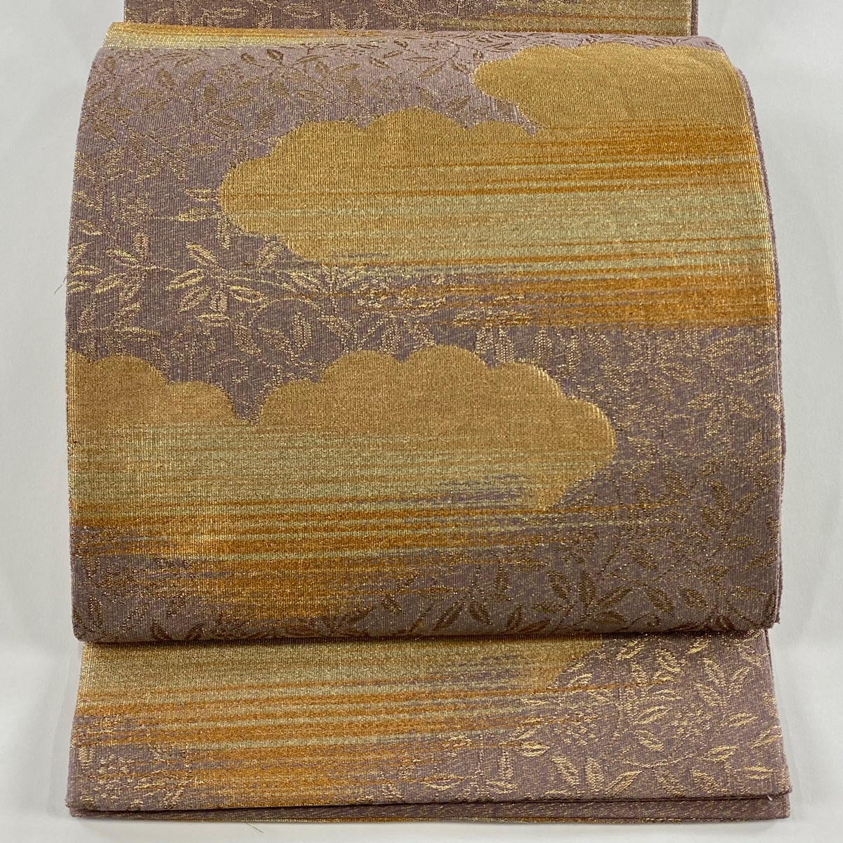袋帯 秀品 雲文 葉柄 金糸 箔 灰紫 六通 正絹 【中古】拍卖