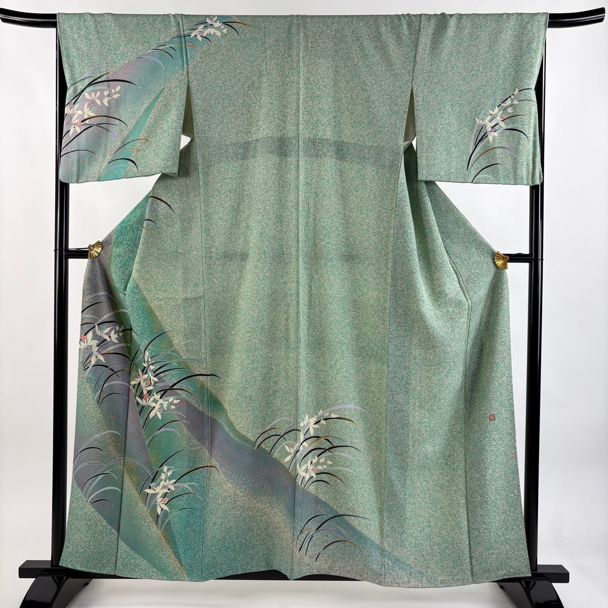 訪問着 身丈159cm 裄丈66.5cm M 袷 落款 草花 幾何学模様 金彩 薄緑 正絹 秀品 一つ紋 【中古】拍卖