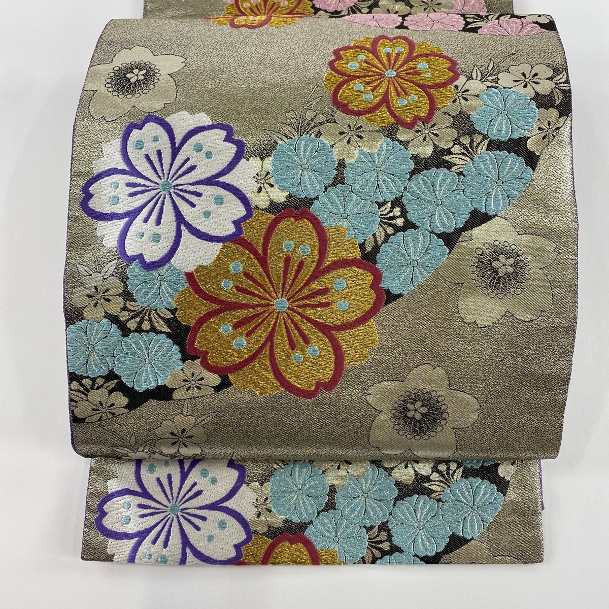 【美品】 袋帯 秀品 振袖向き 桜 箔 刺繍 銀色 全通 正絹 【中古】拍卖