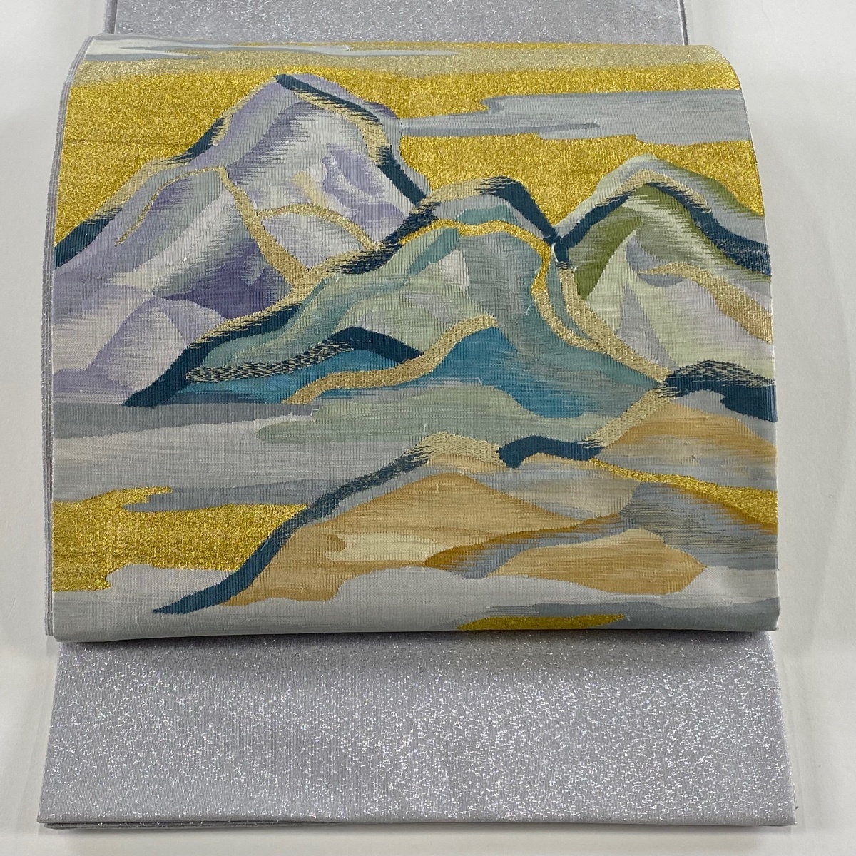 【美品】 袋帯 秀品 落款 風景 山並み 金銀糸 青灰色 お太鼓柄 正絹 【中古】拍卖