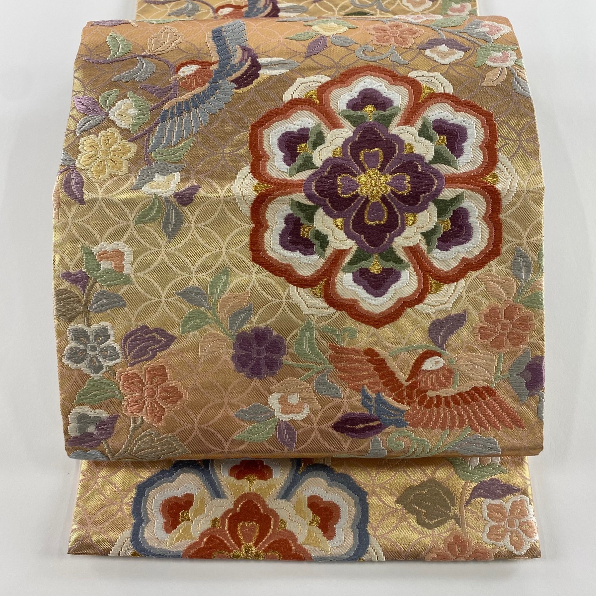 袋帯 秀品 華文 花鳥 唐織 箔 薄オレンジ 六通 正絹 【中古】拍卖