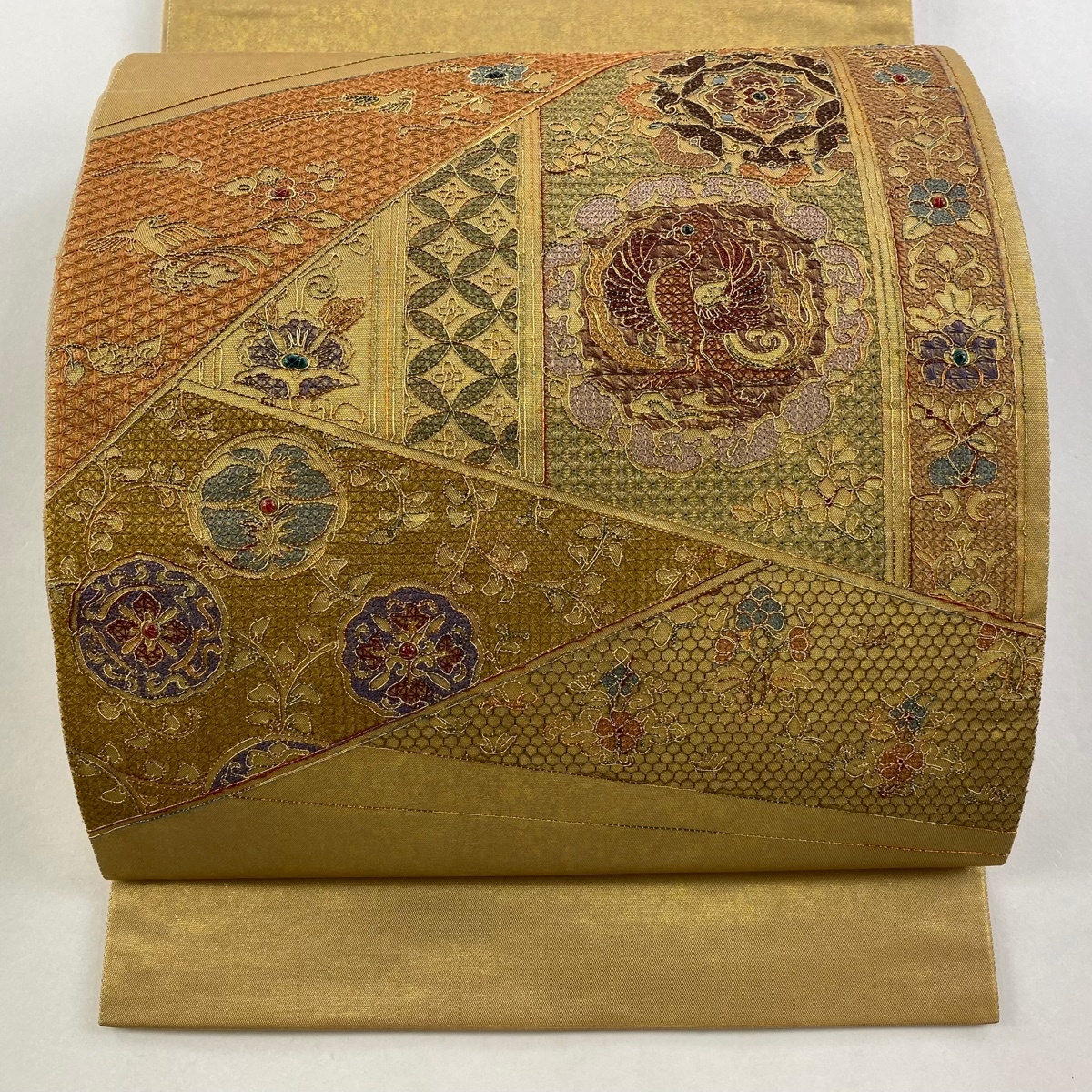 【美品】 袋帯 秀品 花鳥 七宝 金糸 箔 金色 お太鼓柄 正絹 【中古】拍卖