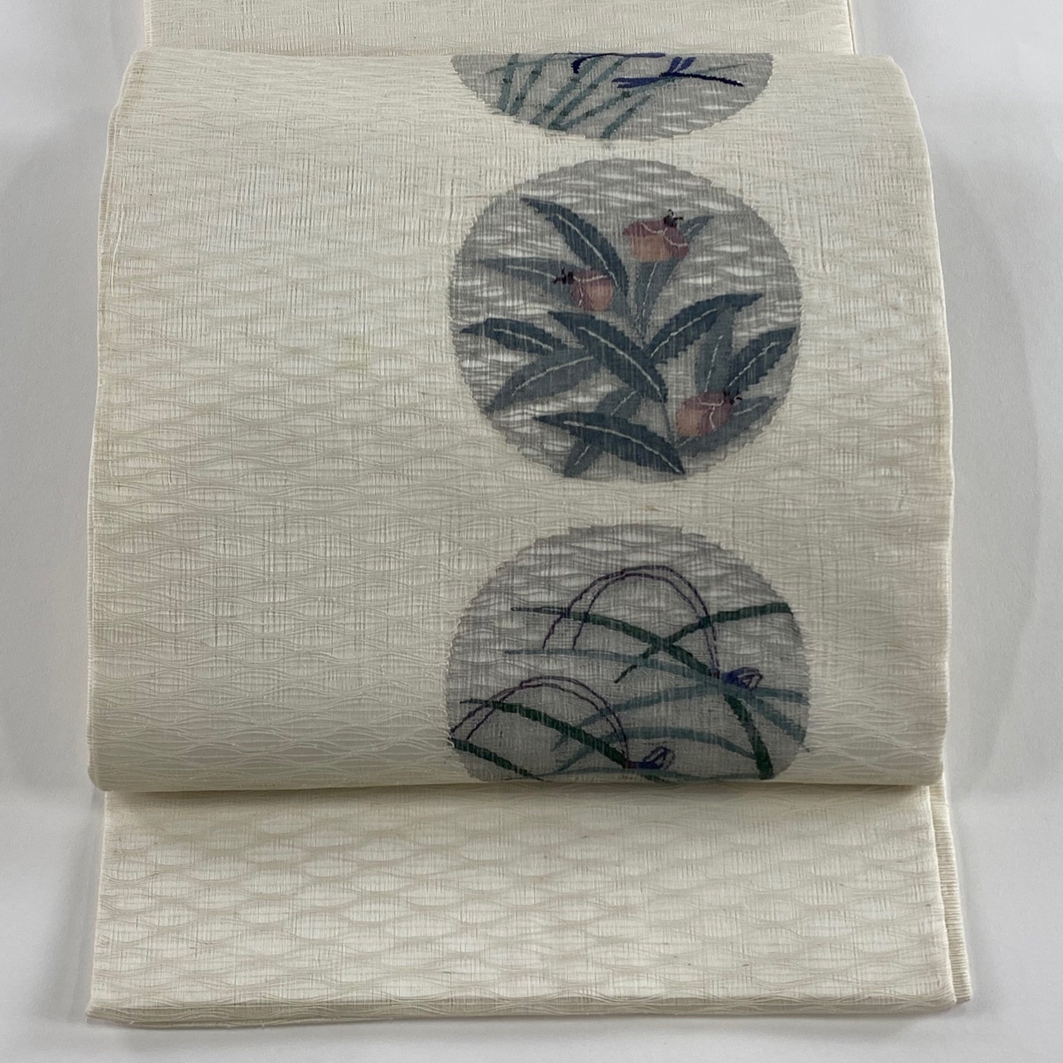 袋帯 秀品 夏帯 葉柄 秋の虫 銀糸 クリーム お太鼓柄 正絹 【中古】拍卖