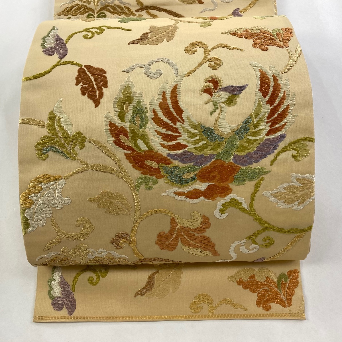 【美品】 袋帯 秀品 鳳凰 唐草 箔 唐織 ベージュ 六通 正絹 【中古】拍卖