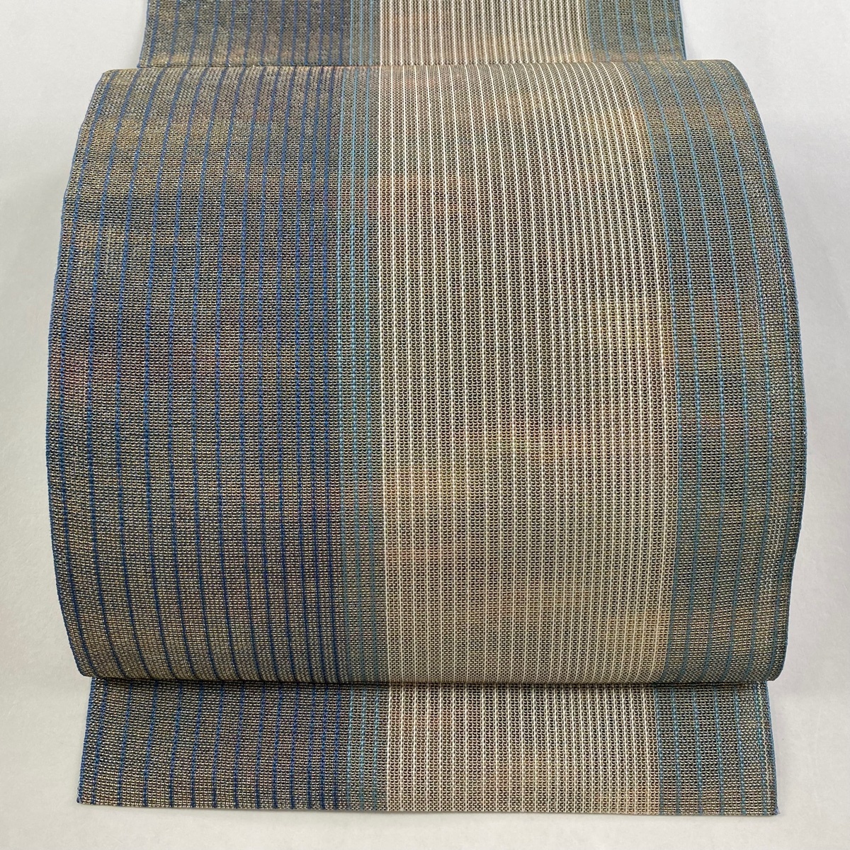 【美品】 名古屋帯 秀品 八寸名古屋帯 松葉仕立て 縞 金糸 灰緑 正絹 【中古】拍卖