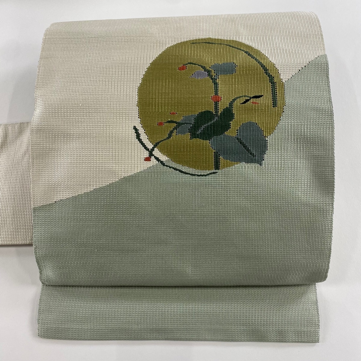 【美品】 名古屋帯 秀品 丸紋 葉柄 クリーム 正絹 【中古】拍卖