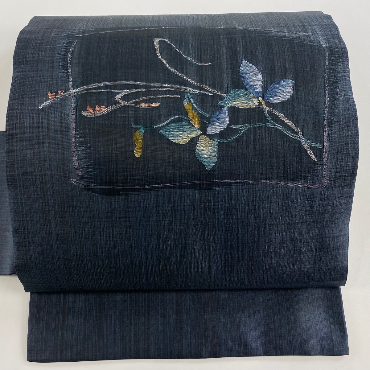 【美品】 名古屋帯 秀品 葉と実 青灰色 正絹 【中古】拍卖